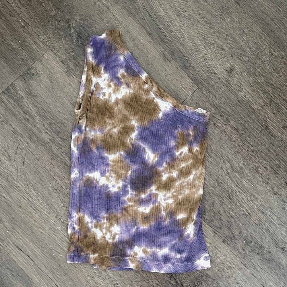 Olivaceous Purple and Brown Tie-Dye One-Shoulder Top